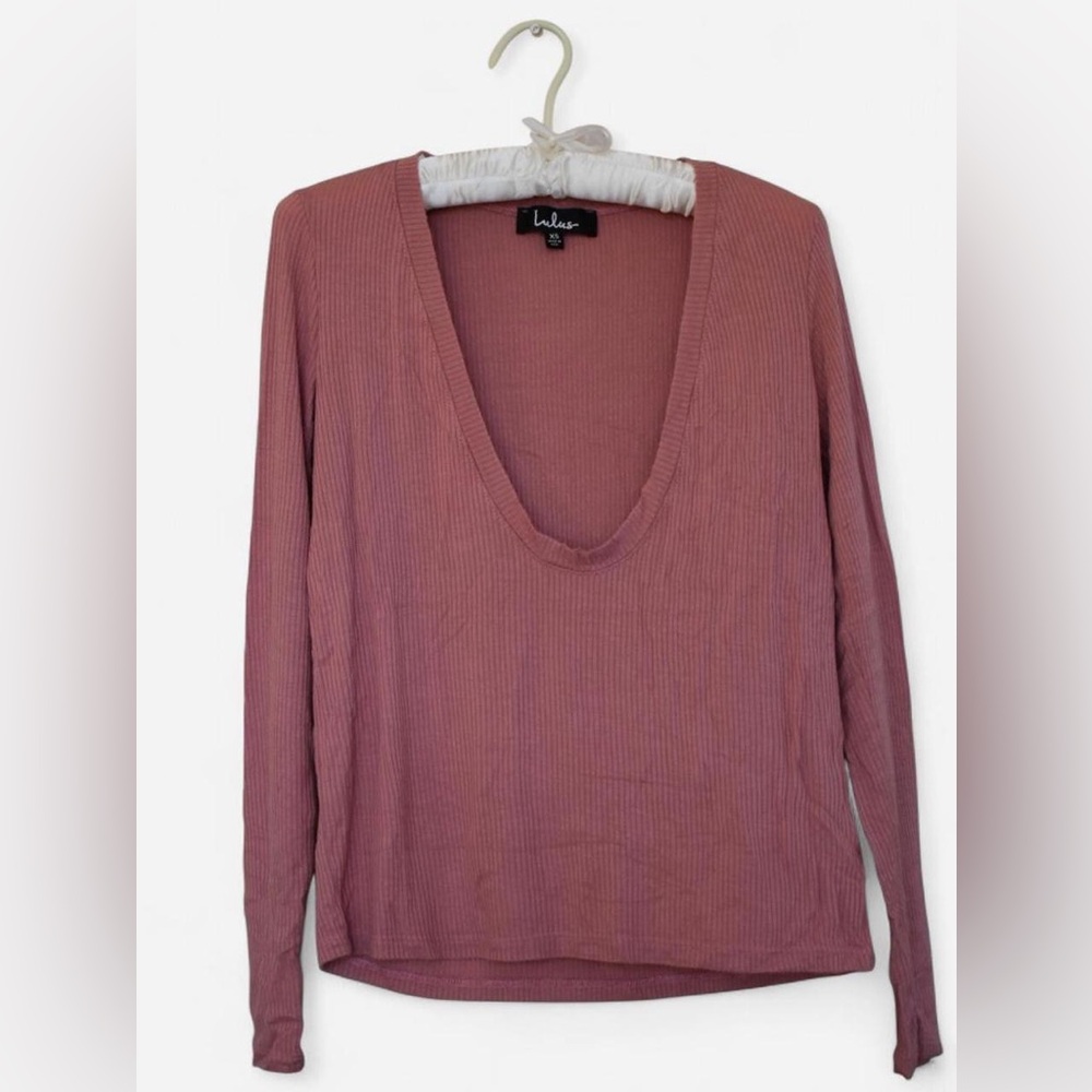 Lulu's Pink Ribbed Deep Scoop Neck Women's Top